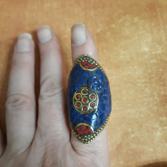 New Tribal Lapis Lazuli & Coral Silver Brass Statement Ring. - Picture 8 of 8